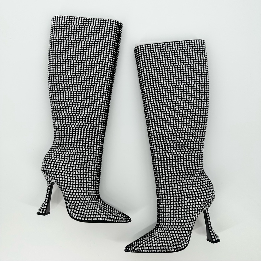 JLO Jennifer Lopez x REVOLVE Calle Boot in Black Silver Rhinestone